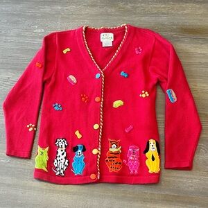 The Quacker Factory DOGS DOGS DOGS cardigan sweater Embroidery Red small VTG 90s
